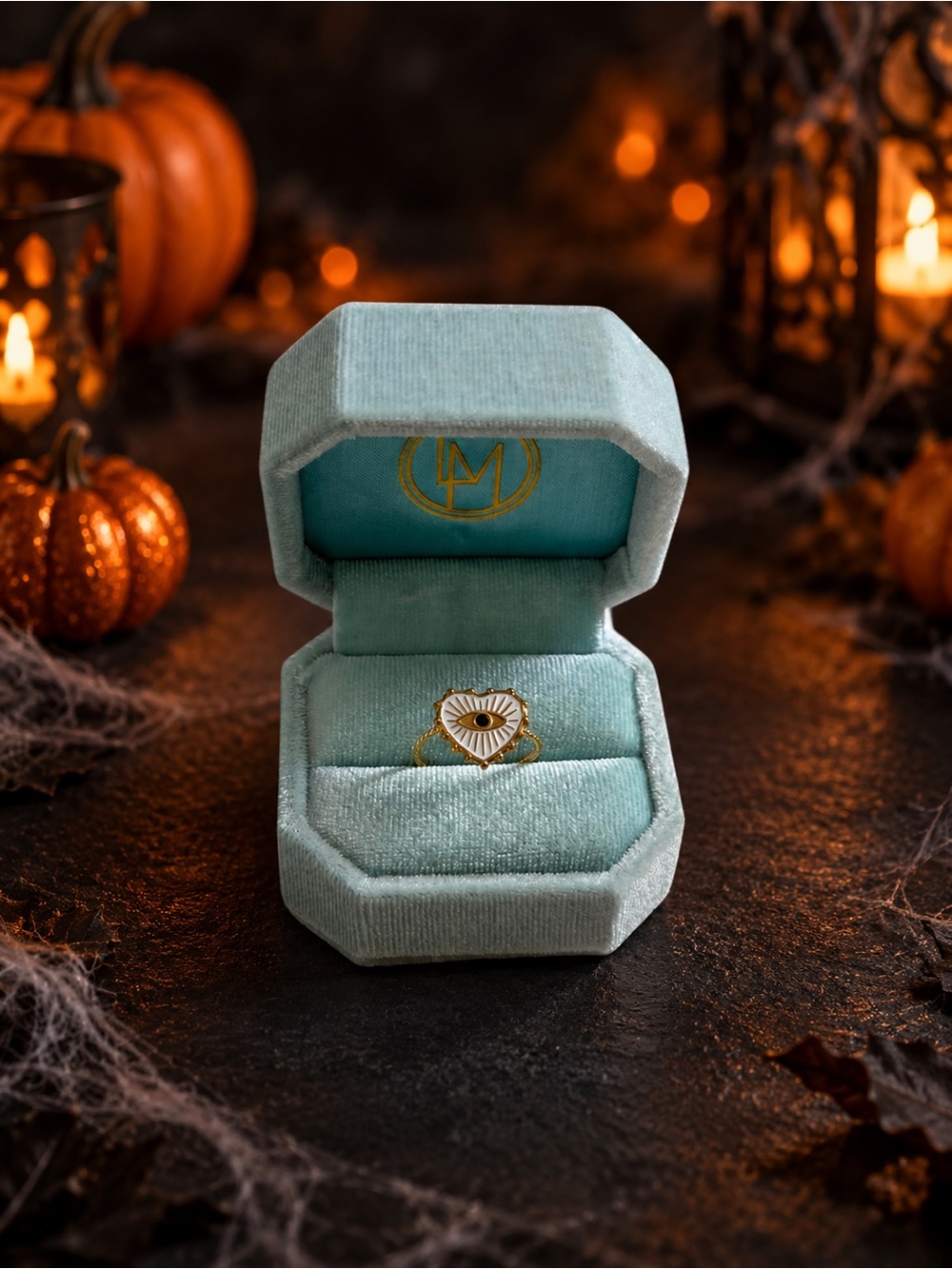 Gold Tone White Heart Evil Eye Adjustable Ring
